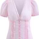 winkbay Women's Cute Lace Puff Sleeve Top Deep V Neck Button Down Coquette Going Out Blouse Light Pink Small