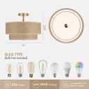 16 Inch Woven Rattan Linen Semi Flush Mount Ceiling Light Fixture, Modern Boho Drum Lamp for Bedroom, Kitchen, Dining Room, Living Room, Hallway, Entryway, Farmhouse Gold Wicker Chandelier