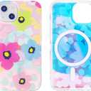 Magnetic Case for iPhone 13 Mini 5.4 inch Compatible with MagSafe Charging Soft TPU Bumper Slim Shockproof Protective Cute Cover (Holographic Pink Blue Flowers)