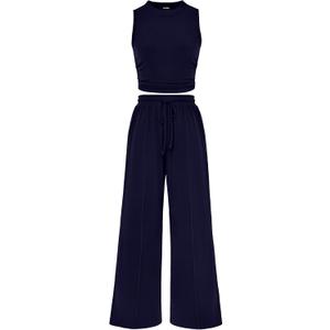 BTFBM Women Summer 2 Piece Outfits 2025 Beach Crew Neck Sleeveless Cropped Top Elastic Waist Wide Leg Pants Lounge Set (Small, Apricot)