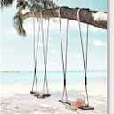 Beach Coastal Canvas Wall Art: Seaside Palm Tree Painting Ocean Swing Hanging on Coconut Trees Picture Light Blue Sky Seascape Artwork Decor for Living Room Bathroom 16" x 11"