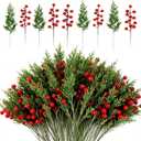 Artificial Christmas Pine Branches with Red Berry Stems-Set of 45 Greenery Stems and 15 Berry Picks for Xmas Wreaths, Garlands, Table Centerpieces, DIY Holiday Crafts, Fireplace & Home Decoration