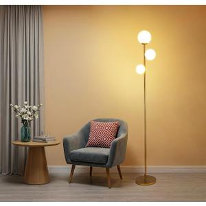 Fiqevs 3 Globe Mid Century Modern Floor Lamp for Living Room, Gold Floor Lamp with Frosted Glass Shade and LED Bulbs, Warm Light Standing Tall Pole Lamp for Bedrooms, Office  Antique Brass
