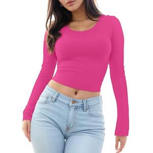 Womens Long Sleeve Crop Top Scoop Neck Sexy Slim Fitted Casual Base Layer Lightweight Soft Tops Workout Shirts 2025 Women's Clothing XS Fall Winter Underwear Spring Fashion Basic Going Out Tops, XS