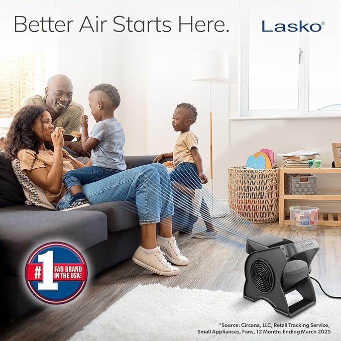 Lasko Portable Utility Fan, 12 289 CFM Pivoting High Velocity Air Mover Blower Fan, 3 Speeds, 2 Accessory Outlets 120V, Black, U12104