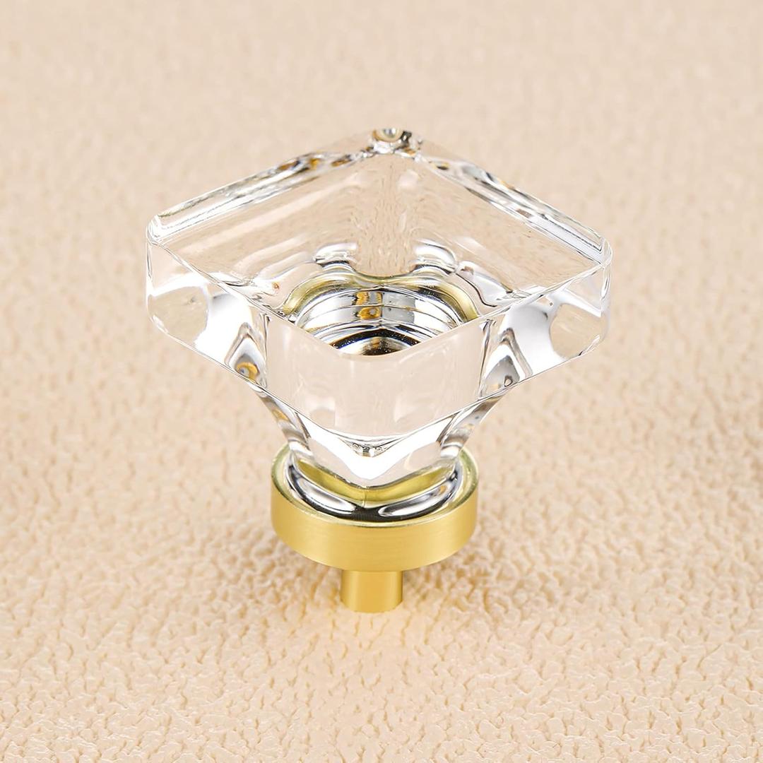coolnews 8 Pack Crystal Glass Drawer Knobs Brushed Brass/Gold Cabinet Knobs Square Dresser Knobs and Pulls for Kitchen Cupboard 1-3/8 Inch (Clear Crystal+Satin Brass Base)