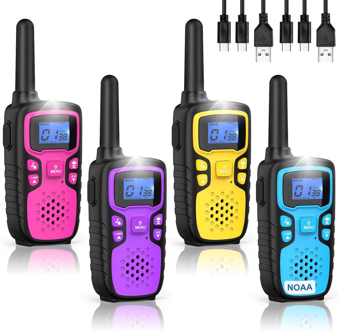 Wishouse Walkie Talkies for Kids Rechargeable Long Range,Xmas Birthday Gift for 4 5 6 7 8 9 Year Old Boys Girls,Hiking Gear Camping Games Cool Toys with NOAA,SOS Siren,Lamp,Lanyards,Easy to Use,4 Pack (Pink Purple Yellow Blue)