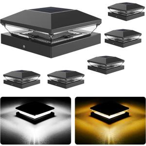 T-SUN Solar Post Cap Lights Outdoor 6 Pack, 2 Modes LED Fence Post Solar Lights Fit for 4x4 5x5 6x6 Vinyl/Wooden Posts, Waterproof Deck Post Lights Solar Powered for Garden Patio Gate Porch (Black-Warm & Cool White)