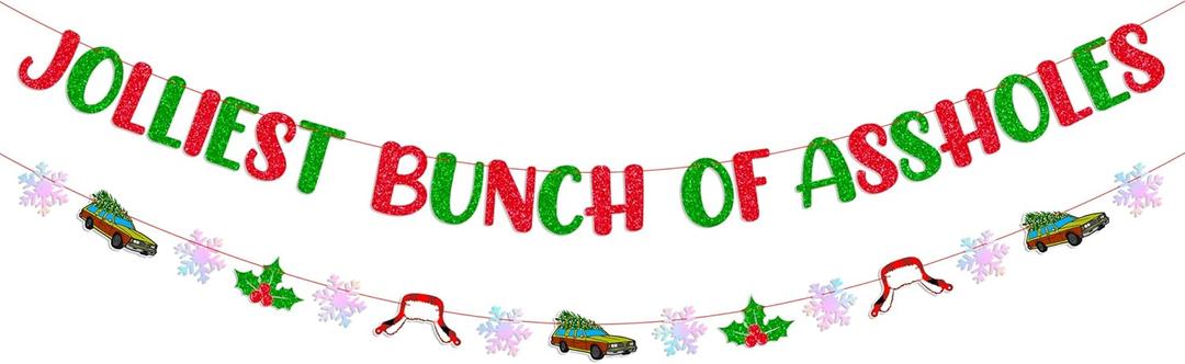 Jolliest Bunch of Assholes Funny Christmas Banner and Snowflake Garland Banner for Merry Christmas Holiday Decoration