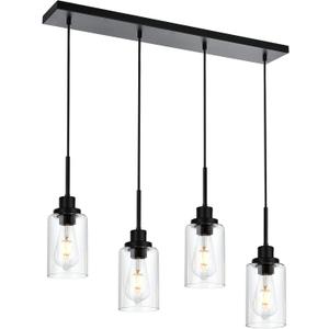 Black Pendant Light Fixtures with Clear Glass, 4-Lights Adjustable Height Hanging Ceiling Lights, Kitchen Island Lighting for Living Room Office Bar Farmhouse