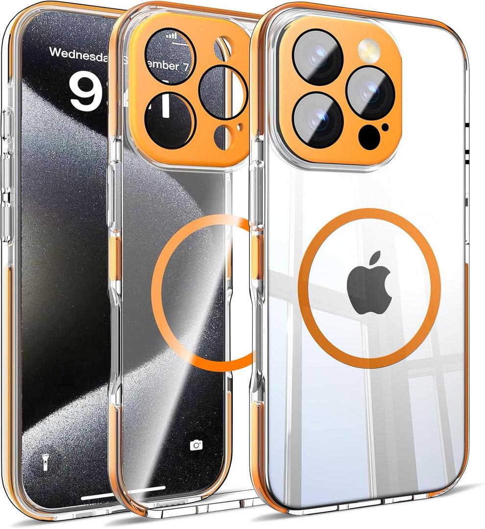 Misscase for iPhone 16 Pro Magnetic Case,[Military Drop Protection] Clear Hard Plastics Cover, Camera Lens Protector,Compatible with MagSafe,Anti Yellowing Full Protection Cases-Orange