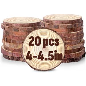 FUMILE Unfinished Natural Wood Slices 4-4.5 Inch, 20 PCS Round Wooden Discs with Tree Bark, Wood Rounds for Crafts Christmas Ornaments, Wood Circles for Rustic Wedding Decoration