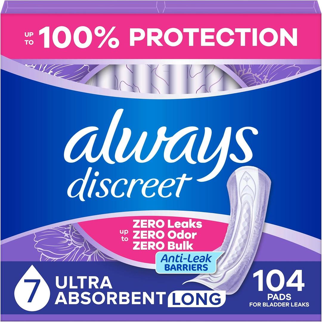 Always Discreet Adult Incontinence Pads for Women, Drier, 7 Drop Long Length, Ultra Absorbency, Pads for Bladder Control Management, Bladder Leaks, Overnight & Postpartum Pads, 104ct