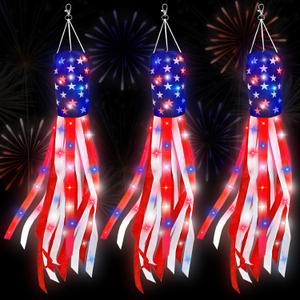 3 Pack 70 Inch Large American Flag Windsock with Lights 4th of July Decorations, 250th Anniversary USA Patriotic Fourth of July Outdoor Decor, Red White Blue Star Stripes Memorial Day Independence Day