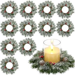 Scawim 12 Pcs Christmas Candle Rings Wreaths Bulk, Xmas Artificial Candle Rings with Pinecones Red Berries Candle Holder Table Centerpiece Decor for Home Kitchen Cabinet Windows Front Door