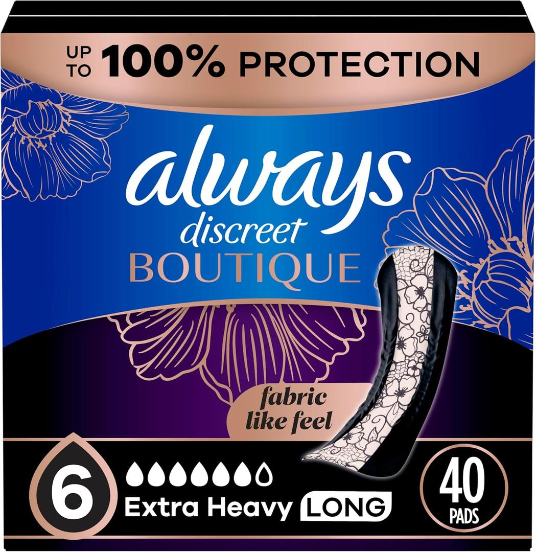 Always Discreet Boutique Incontinence Pads, for Bladder Leaks, Extra Heavy Absorbency, Long Length, 40 Count (2 Packs of 20)