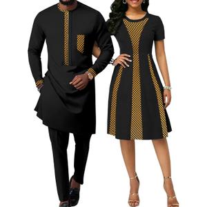 African Attire for Couple Women Print Wax Crew Neck Dress with Men Dashiki Long Vest Shirt and Pants Sets (Black, XL)