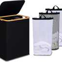 efluky Laundry Hamper with Lid, Trio Laundry Hamper with 3 Removable Bags, 3 Section Laundry Basket with Bamboo Handles for Bathroom, Bedroom & Laundry Room, 160L Black
