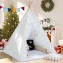 WIRHAO Teepee Tent for Kids with Padded Mat Cotton Canvas Kids Teepee with Pompom for Toddlers Indoor Play Tent for Girls Boys with Stars Lights, Carry Bag, Banner Flag (Snowman)