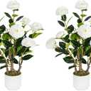 Jcezvnt 2 Pack Artificial Camellia Tree with White Pot, 24" Faux Potted Plants for Indoor Outdoor Decor, Tall Silk Greenery Plant for Home Office Living Room Balcony, White