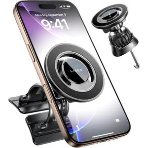 LISEN for MagSafe Car Mount, Magnetic Phone Holder for Car Vent Phone Mount, Hands Free Phone Mount for Car Accessories, Phone Car Mount for iPhone Includeds Both Dashboard and Vent Mount Base, Black