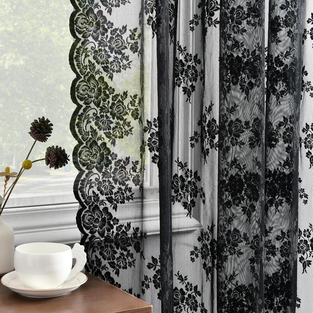 Kotile Black Lace Curtains 72 Inches Long 2 Panels, Country Rustic Floral Goth Sheer Curtains for Bedroom, Rod Pocket Vintage Privacy Sheer Lace Curtains, 42 x 72 Inch Each, 1 Pair, Black
