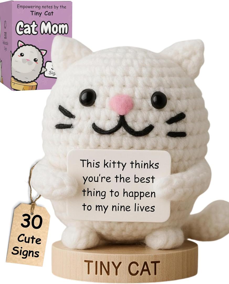 Cat Gifts for Women - Positive Crochet Animal with 30 Cute Signs | Cat Mom Gift for Women for Birthday, Mothers Day | Funny Fur Mama Present Ideas for Cats Lady | Present Idea for Friends, Coworkers