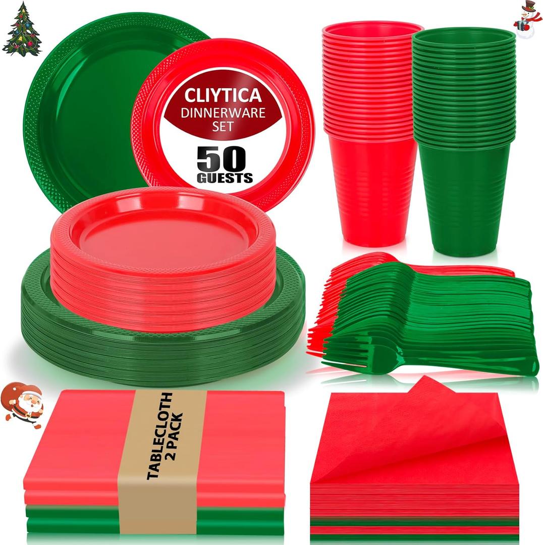 CLIYTICA Red and Green Christmas Plastic Plates for Party,Disposable Tableware Kit with 50 9'' Plates,50 7'' Dessert Plates,50 Napkins,50 Forks,50 Cups & 2 Tablecloths for Birthday,Picnic,Christmas