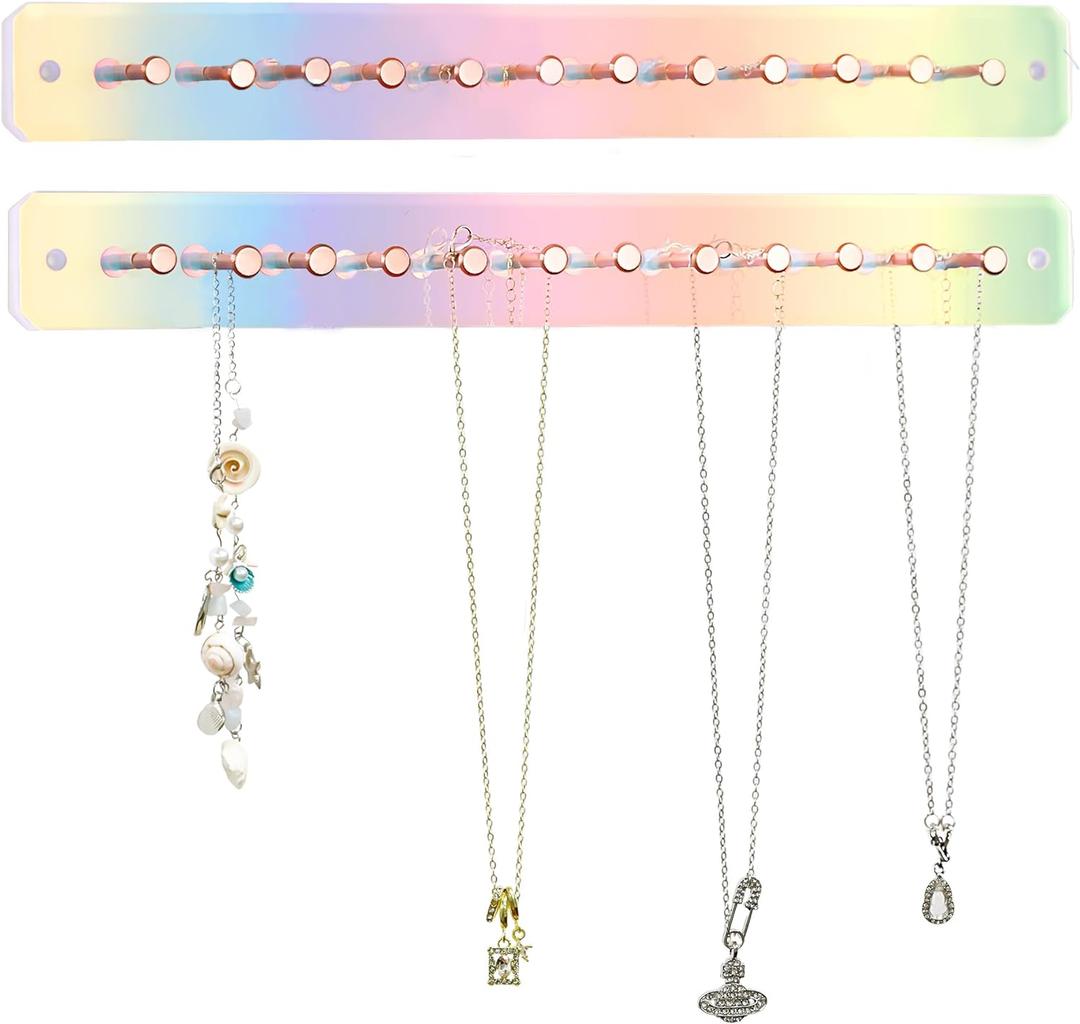 2 Sets Iridescent wall necklace holder Acrylic hanging jewelry organizer Wall mounted with Adhesive stickers and Screws for Girl Women Necklaces Bracelets Rings and Jewelry Storage Display (Laser)