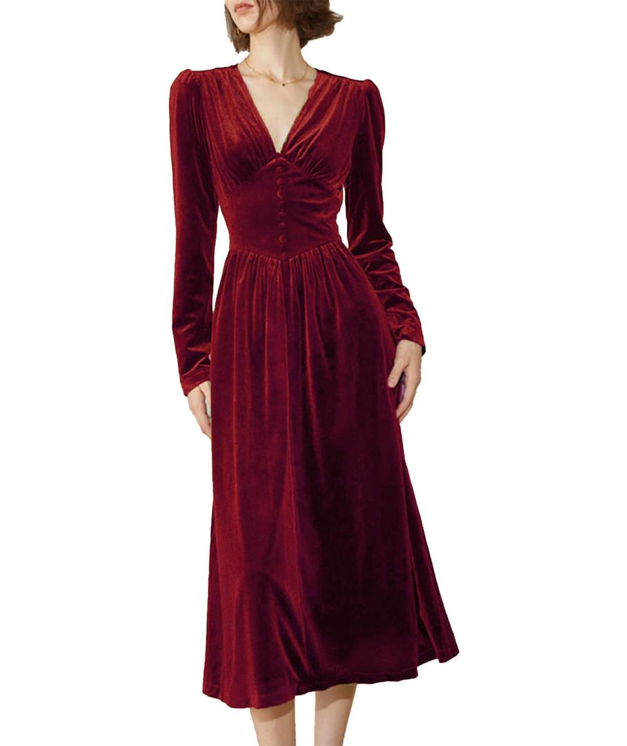 xxxiticat Women's Puff Sleeve Velvet Dress Long Lantern Sleeve V Neck Button Ruffle Pleated Single Breast Maxi Party Dress(WR,M) Wine Red