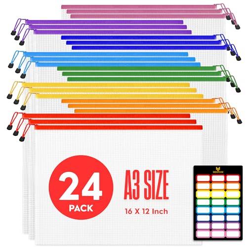 MOOTANI 24 Pcs Mesh Zipper Pouch Bags A3 (16x12) Inches Large Waterproof, Reusable Zipper Bags for Board Game & Puzzle Storage, Classroom, Office & Organization, 8 Colors