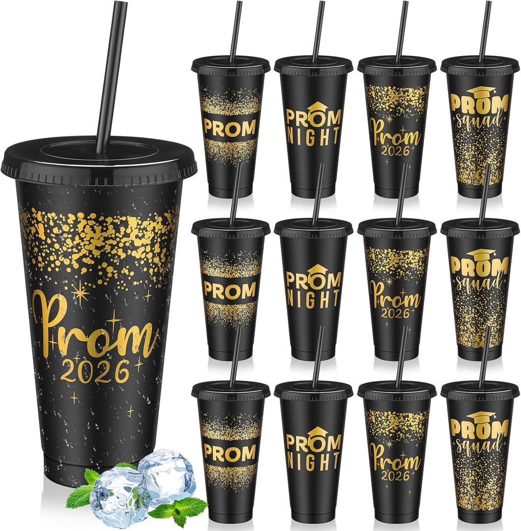 SiliFine 12 Set Graduation Prom 2026 Plastic Cups, 24oz Reusable Prom Plastic Tumblers Cup with Lids and Straws Graduation Party Dinnerware Supplies Bulk for Cold Drink (Black Gold)