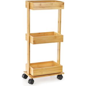 TOPZEA Slim Storage Cart, 3-Tier Bamboo Rolling Utility Cart Standing Rack on Wheel, Mobile Shelving Unit Organizer Serving Trolley Slide Out Cart for Office Bathroom Kitchen Laundry Room(Upgraded)