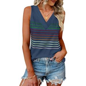Women Summer Tops 2026 Loose Fit Casual Flowy Striped V Neck Tank Tshirts Trendy Sleeveless Tee Style Clothes,Navy Blue,M