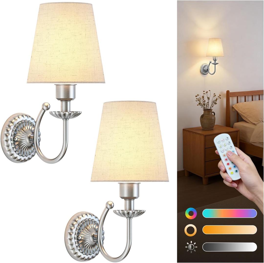 Wireless Wall Sconces Set of Two, 5300mAh Battery Operated Wall Sconce, Rechargeable Bulbs with Remote, 15 Colors Dimmable Wall Sconces with Fabric Shade for Bedroom Living Room (Brushed Silver)