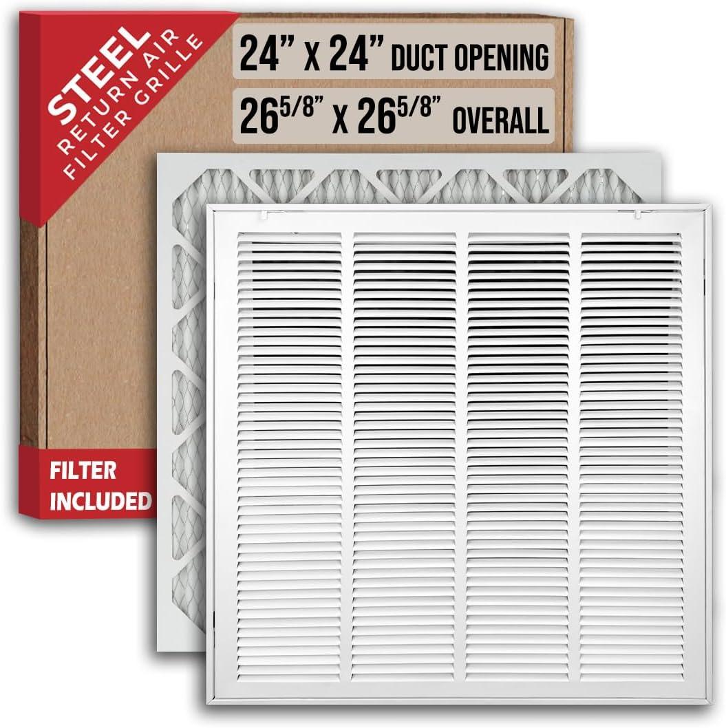 Fits 24x24 Duct Opening | Filter Included Steel Return Air Filter Grille by Handua [Removable Door] for 1-inch Filters | Vent Cover Filter Grill | White | Outer Dimensions: 26 5/8"W X 26 5/8"H