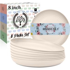 Homienly Dessert Plates - 8 Inch Wheat Straw Plates Set, Dinner Plates Set of 8, Appetizer Plates, Lightweight Unbreakable Plates, Microwave Safe Plates, Deep Plates for Dinner - Beige