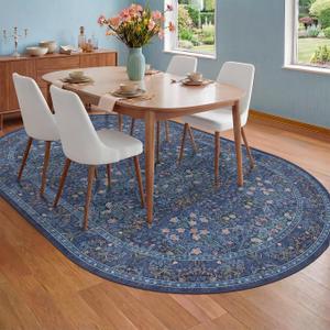Dark Blue 6x9 Oval Area Rugs - Washable Rugs for Dining Room Table, Living Room, Non-Slip Floor Carpet for Bedroom - Vintage Navy Blue Floral Pattern Low Pile Stain Resistant