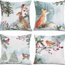 Watercolor Snowy Winter Woodland Animals Decorative Throw Pillow Covers for Holiday, Home Sofa Bed Couch Farmhouse Holiday Decor 18x18 Inch Set of 4