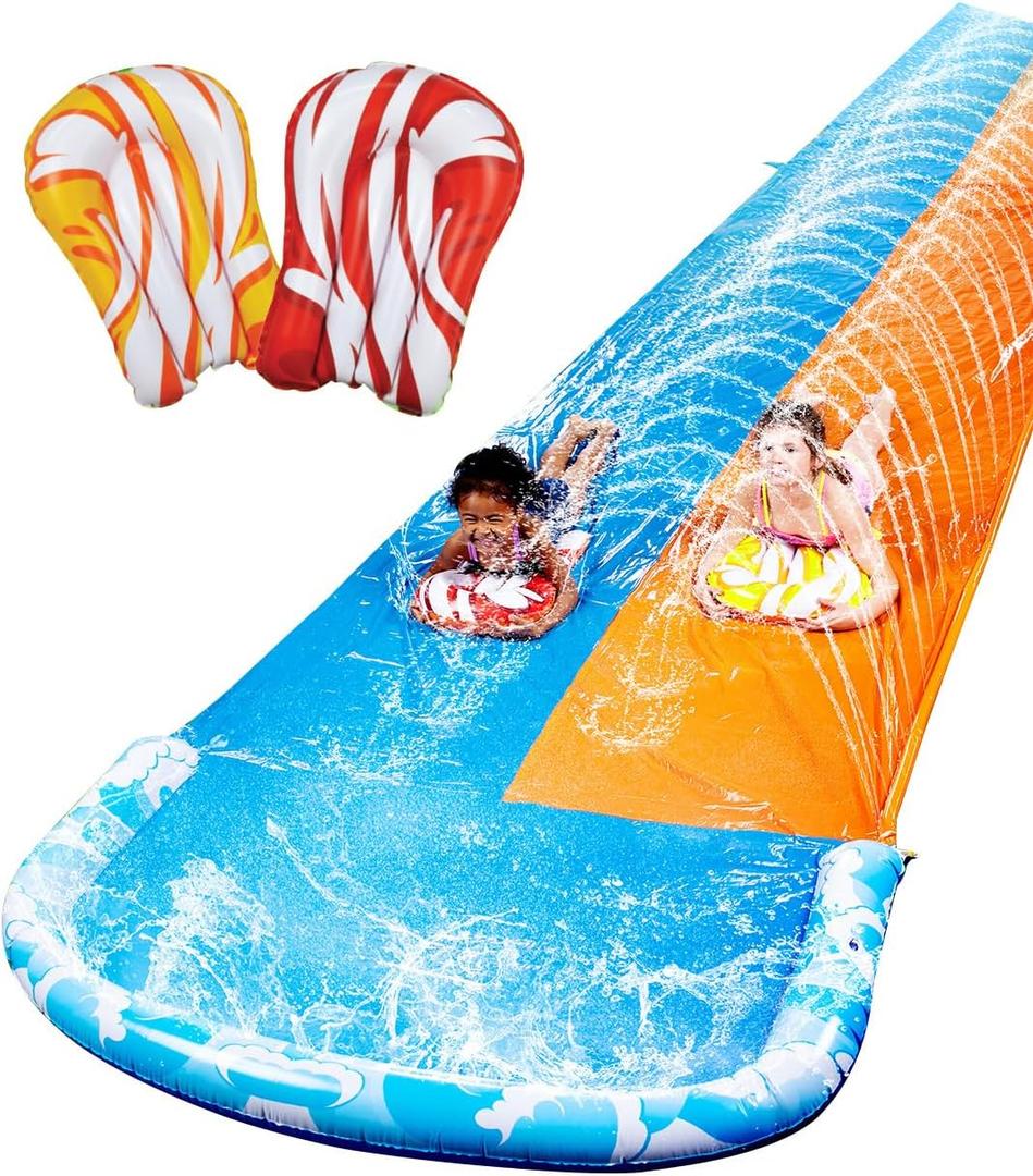 32.5FT Water Slide and 2 Inflatable Boards, Extra Long Double Lawn Heavy Duty Splash Mat Pad with Sprinkler for Kids Adults Backyard Summer Water Toy Outdoor Fun, Blue, Orange