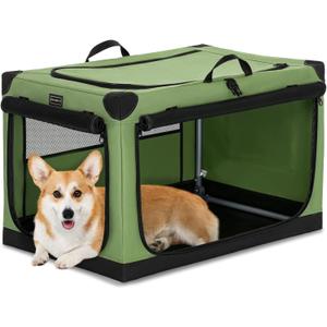 PETSFIT 30" Soft Portable Dog Crate Patented Spiral Sturdy Frame, Collapsible Travel Kennel for Medium Dogs, 3 Mesh Door, Lockable Zippers, Indoor & Car Use Green