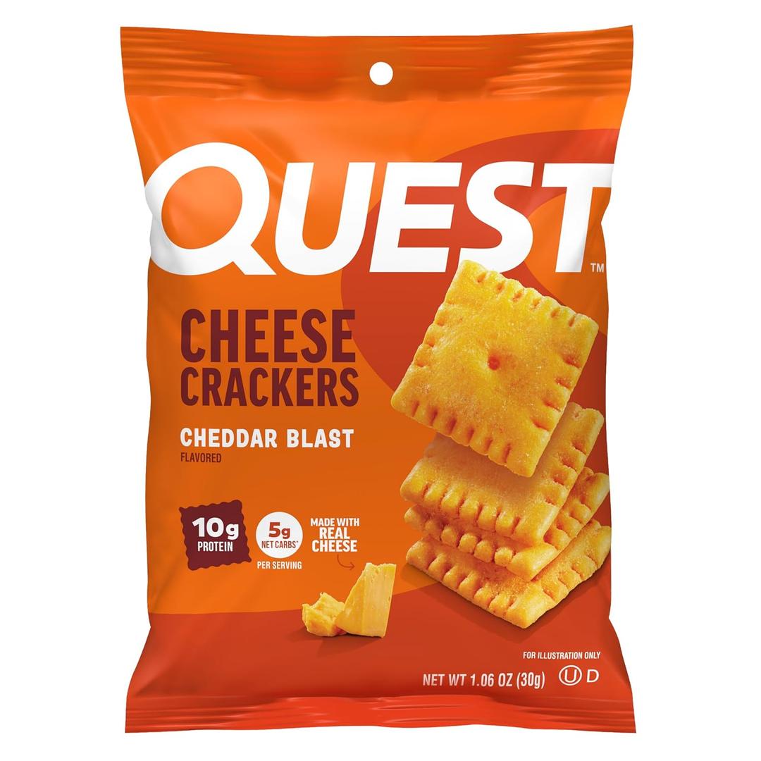 Quest Nutrition Cheese Crackers, Cheddar Blast, 10g Protein, 5g Net Carbs, 1g Sugar, Made with Real Cheese, High Protein Snack, 12 Packs (1.06 oz Bags) (EXP 03/21/26)