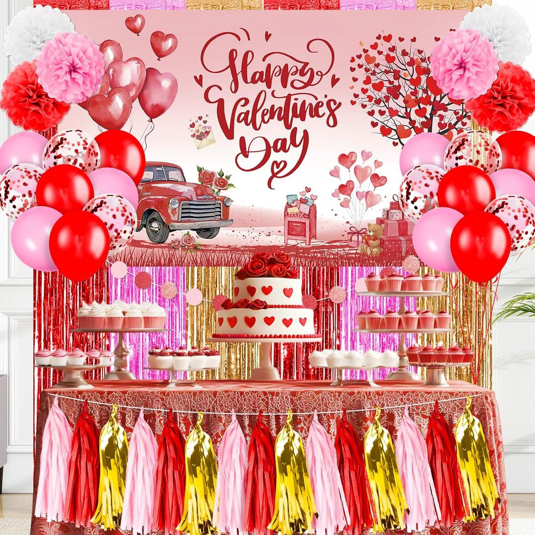 43Pcs Valentines Day Party Decorations Kit, Happy Valentine's Party Decor with Romantic Love Banner Red Pink Balloons Paper Pompoms Tassel Circle Dots Fringe Curtain for Wedding Engagement Anniversary