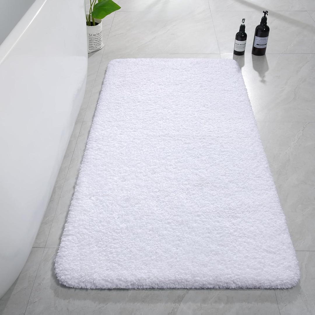 AROGAN Luxury Long Bathroom Runner Rug, 24x48 Inch Thick Soft and Absorbent Microfiber Non Slip Bath Mat, Rubber Backing Quick Dry Rugs Carpets, Machine Washable Plush Mats for Shower Floor, White