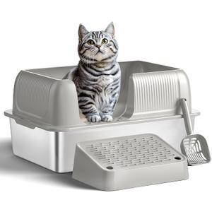 Stainless Steel Litter Box,Extra Large Litter Box with Lid for Big Cats, Metal Litter Box High Sided, Kitty Litter Box with Scoop, No Odor, Non-Sticky, Anti-Leakage, Easy Cleaning Gray