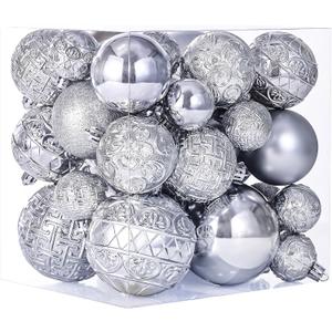 46 Pcs Silver Christmas Ball Ornaments, Shatterproof Christmas Tree Ornaments Set with Velvet Christmas Bows Decor, Vintage Xmas Decorations with Hanging Hooks in 3 Sizes(Small Medium Large)