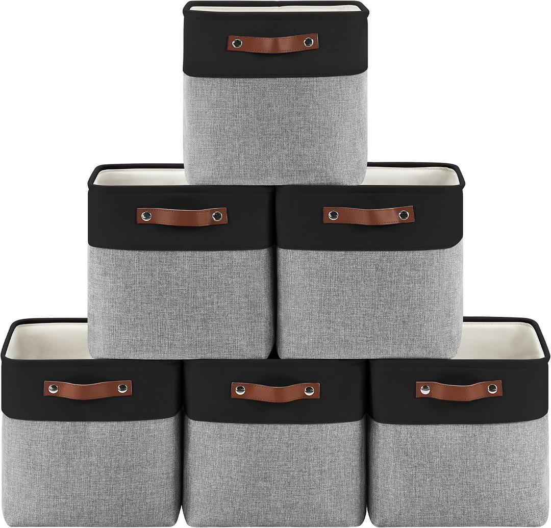 Collapsible Fabric Cube Storage Bins 11x1111, Pack of 6 Closet Basket Boxes with PU Handles for Organizing Shelves, Toys, Clothes, Home, Office(Black&Gray)