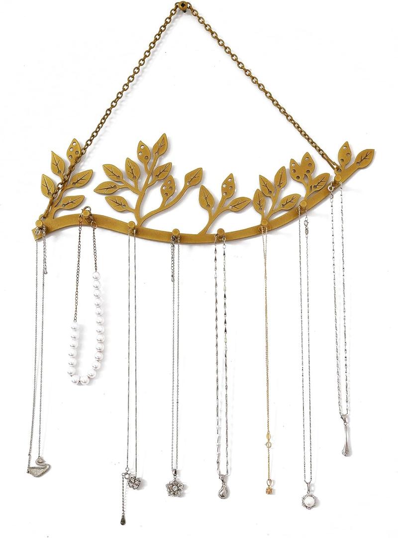 Wall Mounted Jewelry Necklace Holder Organizer with 8 Hooks and 43 Holes, Neatly Hanging Earring, Bracelet, and Keys - Rustic Gold Metal Tree Leaf Branch Wall Dcor