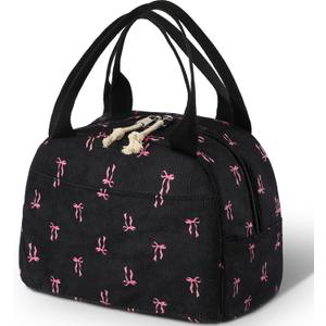 Black and Pink Bow Lunch Bag Cute Corduroy Insulated Pink Bow Lunch Box for Women Coquette Tote Bag Reusable Large Capacity Cooler Containers Preppy Stuff Gifts for Picnics Travel Outdoor
