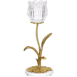 Candle Holder, Cut Rose Shaped Brass Candle Holder High-end Light Luxury Creative Art Crystal Glass Flower Candle Sticks Holder Decor Marble Disc Base Romantic Ambiance Table Decoration